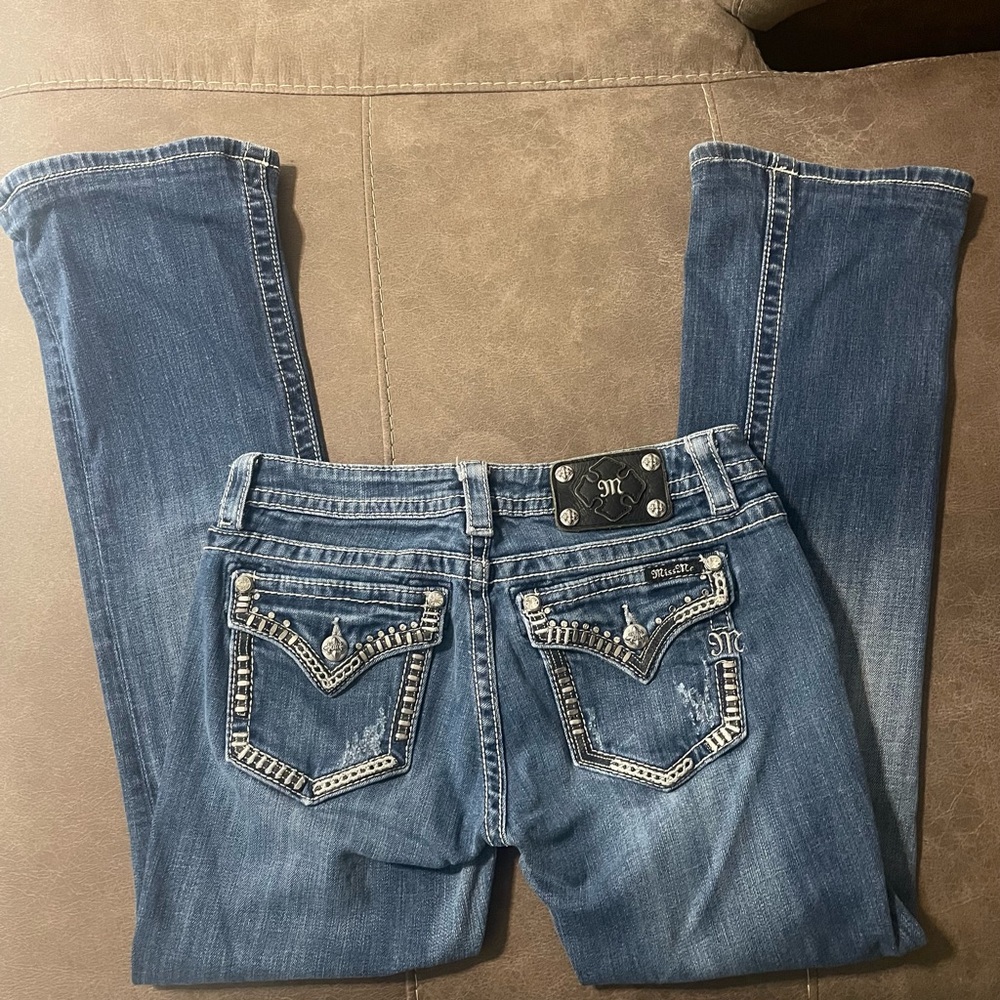 Miss Me Signature Rise Bootcut Jeans Medium Wash Embellished Pockets Size 29